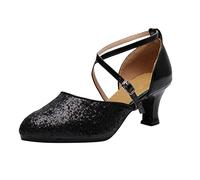 Sandalias de mujer con tacón para bailar latino bailar tango fiesta lentejuelas zapatos de rendimiento, Negro , 38 EU