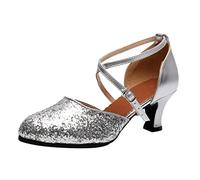 Sandalias de mujer con tacón para bailar latino bailar tango fiesta lentejuelas zapatos de rendimiento, plata, 39 EU