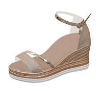 Sandalias de mujer con tiras brillantes y tacón de cuña sandalias para mujer con tacón elegante de color sólido hebilla de cinturón punta abierta zapatos de fiesta ajustables, dorado, 38 EU