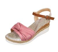 sandalias de mujer nudo decoración Alpargata sandalias vacaciones gamuza falsa brida tobillo cuña para verano Bohemia Perla Cuero Zapatos cuero genuino transpirable antideslizante verano 2026, rosa