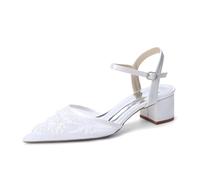 Sandalias de Novia de satén con Punta Puntiaguda y Bordado de Perlas, tacón Medio cómodo con Correa en el Tobillo para Novia, Dama de Honor, Fiesta Nocturna,Blanca,41