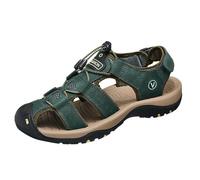 Sandalias de piel sintética con cordones elásticos para hombre, con puntera cerrada, ligeras, informales, para senderismo, playa, Verde militar, 42 1/3 EU