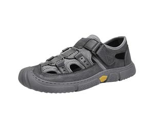 Sandalias de piel sintética para hombre, calzado casual de verano, ligeras, puntera cerrada, sandalias de pescador, ajustables, con gancho y bucle, zapatos para caminar, color negro, marrón y gris