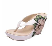 Sandalias de plataforma con diseño floral para mujer, con bordado de flores 3D, para verano, vacaciones, zapatos casuales para caminar en la playa, beige, 39 EU