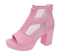 Sandalias de plataforma para mujer, sandalias de malla negra, sandalias sexys de tacón de bloque, sandalias de moda Fischmund con cordones, tacones de cuero suave de verano, tacones anchos para