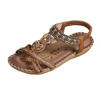 Sandalias de playa bohemias para mujer 2026, elegantes sandalias de cuña bohemias F-loral con cuentas de diamantes de imitación y correa elástica en el tobillo, puntera abierta, zapatos planos de