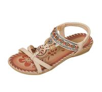 Sandalias de playa bohemias para mujer 2026, elegantes sandalias de cuña bohemias F-loral con cuentas de diamantes de imitación y correa elástica en el tobillo, puntera abierta, zapatos planos de