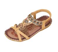 Sandalias de playa bohemias para mujer 2026, elegantes sandalias de cuña bohemias F-loral con cuentas de diamantes de imitación y correa elástica en el tobillo, puntera abierta, zapatos planos de