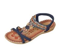Sandalias de playa bohemias para mujer 2026, elegantes sandalias de cuña bohemias F-loral con cuentas de diamantes de imitación y correa elástica en el tobillo, puntera abierta, zapatos planos de
