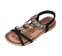Sandalias de playa bohemias para mujer 2026, elegantes sandalias de cuña bohemias F-loral con cuentas de diamantes de imitación y correa elástica en el tobillo, puntera abierta, zapatos planos de