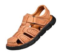 Sandalias de playa para hombre - Sandalia cómoda para caminar con tapas ortopédicas de cuero al aire libre sostenibles con plataforma calada ligera zapatos planos, caqui, 47 EU