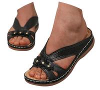 Sandalias de playa para mujer, talla grande, para verano, con tacón inclinado exterior, diseño de flores, sandalias de playa para mujer, Black, 4.5 UK 3X-Narrow