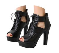 Sandalias de poliuretano para mujer, con puntera abierta, botas de verano con cordones, correa de hebilla, zapatos de tacón sexy, puntera abierta, zapatos de tacón 2025, Black, 37.5 EU
