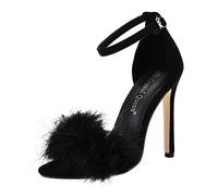 Sandalias de punta abierta para mujer, tacón alto, con tiras de plumas, tacones altos, sexy, con hebilla, botas altas hasta el muslo y tacón grueso, Black, 38 EU