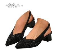 Sandalias de tacón alto con diamantes de imitación para mujer, tacón grueso, puntera puntiaguda, tacón bajo, tacón de bloque, para boda, noche, fiesta, baile de graduación, Black, 41 EU