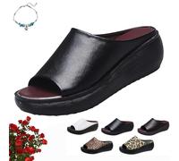 Sandalias de tacón alto con plataforma y plataforma para mujer, cómodas cuñas ortopédicas de cuero para verano, sandalias suaves de punta abierta, Black, 38 EU