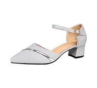 Sandalias de tacón bajo para mujer, tacón grueso, sandalias con correa de tobillo, lentejuelas, cómodas, para novia, bodas, paseos por la oficina, elegantes zapatos de noche