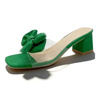 Sandalias de tacón con lazo para mujer, transparentes, de bloque bajo, tacón grueso, cómodas, puntera cuadrada, para boda, novia, zapatos elegantes, Green, 37 EU