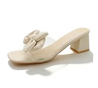 Sandalias de tacón con lazo para mujer, transparentes, de bloque bajo, tacón grueso, cómodas, puntera cuadrada, para boda, novia, zapatos elegantes, White, 38 EU