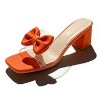 Sandalias de tacón con lazo para mujer, transparentes, de bloque bajo, tacón grueso, cómodas, puntera cuadrada, para boda, novia, zapatos elegantes, Orange, 37 EU