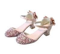 Sandalias de tacón con purpurina para niñas con decoración de lazo, zapatos de fiesta de princesa, calzado brillante para niñas pequeñas, sandalias de boda, dama de honor, tacón bajo para celebración
