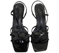 Sandalias de tacón con tiras para mujer, cuadradas, puntera abierta, con cordones, correa al tobillo, tacones altos para fiestas, bailes, citas, bodas, nueve, Black, 35 EU