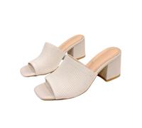 Sandalias de tacón cuadrado con puntera abierta para mujer, de punto, de una sola correa, tacón grueso, sin cordones, informales, elegantes, para oficina, boda, beige, 41 EU