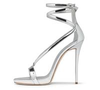 Sandalias de Tacón de Aguja 12cm Mujer Metálico Dorado Plateado de Tiras Punta Abierta Tobillera Envuelta Zapatos de Vestir para Fiesta Boda Baile de Graduación,Plata,37 EU