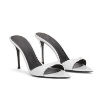 Sandalias de tacón de Aguja con Punta Abierta y Tiras para Mujer de Charol con cinturón de una Palabra para Fiesta de Verano graduación y Baile,Blanca,43 EU