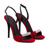Sandalias de Tacón de Aguja para Mujer de Terciopelo Sandalias de Moda de Tacón Alto con Punta Abierta Hebilla y Cristales de Pedrería Calzado para Bodas y Fiestas Nupciales,Rojo,46 EU