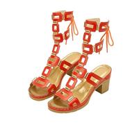 Sandalias de tacón de bloque de gladiador para mujer, con cordones, para verano, informales, vacaciones, noche, para mujer, Orange, 37.5 EU