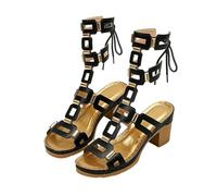 Sandalias de tacón de bloque de gladiador para mujer, con cordones, para verano, informales, vacaciones, noche, para mujer, Black, 38.5 EU