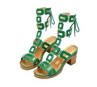 Sandalias de tacón de bloque de gladiador para mujer, con cordones, para verano, informales, vacaciones, noche, para mujer, Green, 40 EU