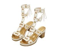 Sandalias de tacón de bloque de gladiador para mujer, con cordones, para verano, informales, vacaciones, noche, para mujer, White, 39 EU