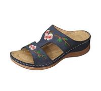 Sandalias de tacón de cuña para mujer con diseño de flores bordadas, para mujeres conscientes de la moda, azul, 41 EU