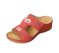 Sandalias de tacón de cuña para mujer con diseño de flores bordadas, para mujeres conscientes de la moda, rojo, 42 EU