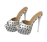 Sandalias de Tacón de Lunares de Verano para Mujer - Sandalias de Mula con Plataforma de Tacón de Aguja Delgadas de 16 CM para Invitadas a Bodas y Vacaciones,Blanca,42 EU