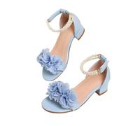 Sandalias de tacón de princesa para niñas con correa de tobillo de perla, zapatos de vestir para fiestas con acento de flores, calzado formal para niños para ocasiones especiales, concurso, boda, dama