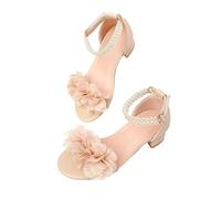 Sandalias de tacón de princesa para niñas con correa de tobillo de perla, zapatos de vestir para fiestas con acento de flores, calzado formal para niños para ocasiones especiales, concurso, boda, dama