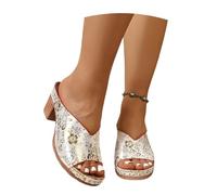 Sandalias De Tacón For Mujer Zapatillas Vintage Con Estampado Floral Pantuflas De Verano De Pies Anchos Zapatillas De Cuero De PU Zapatos De Playa De Ocio Tacones Altos Con Punta Abierta(White,38 EU)