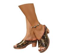 Sandalias De Tacón For Mujer Zapatillas Vintage Con Estampado Floral Pantuflas De Verano De Pies Anchos Zapatillas De Cuero De PU Zapatos De Playa De Ocio Tacones Altos Con Punta Abierta(Black,36 EU)