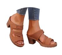 Sandalias de tacón grueso con plataforma para mujer, tacón bajo, puntera abierta, sandalias de vestir de moda, para boda, fiesta, casual, verano, cómodas, zapatos sin cordones, A, marrón., 38 EU