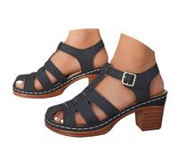 Sandalias de tacón grueso de bloque bajo para mujer, sandalias con correa al tobillo, ajuste ancho, ortopédicas con soporte de arco, tacón de bloque, plataforma, Black, 38 EU