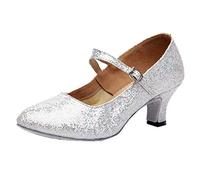 Sandalias de tacón medio para mujer, con lentejuelas, puntera cerrada, con hebilla, sandalias de tacón de gatito, sandalias de baile latino, zapatos de soporte de arco, zapatos cómodos para caminar