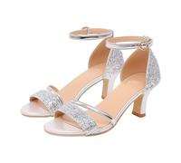 Sandalias de tacón para mujer, elegantes y brillantes, con correa ajustable en el tobillo, sandalias de aguja con puntera abierta, fiesta, graduación, boda, tacón alto, plata, 36 EU