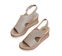 Sandalias de tacón para mujer, sandalias de plataforma para mujer, elegantes, para fiesta de noche, zapatos de novia, huecos, transpirables, sandalias de ocio brillantes con hebilla, dorado, 36 EU