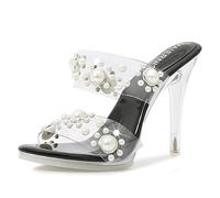 Sandalias de tacón transparentes para mujer Punta abierta Mulas de aguja transparentes Diamante de imitación de perlas Correa doble Zapatillas sin espalda Zapatillas de tacón de cristal,Negro,39