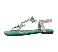 Sandalias de verano 2026 con diamantes de imitación y perlas de fondo plano transparentes de una correa de talla grande, zapatos de vacaciones en la playa, Green, 38.5 EU