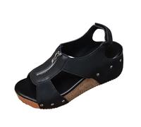 Sandalias de verano abiertas y cuña, estilo casual, suela gruesa, plataforma, zapatos huecos sandalias de cuña mujer Sandalia mujer de cuero genuino transpirable antideslizante verano 2026, Le Noir