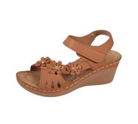 Sandalias de verano cómodas para mujer, zapatos de verano informales con boca de pescado y suela gruesa, tacón oblicuo, sandalias de playa de moda con decoración floral hueca y tacón de rocío para